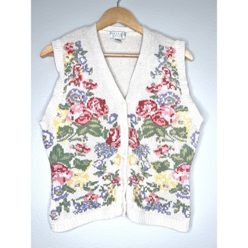 Cambridge Spirit Silk Knit Floral Knit Button up cottagecore grandmacore‎ Vest M